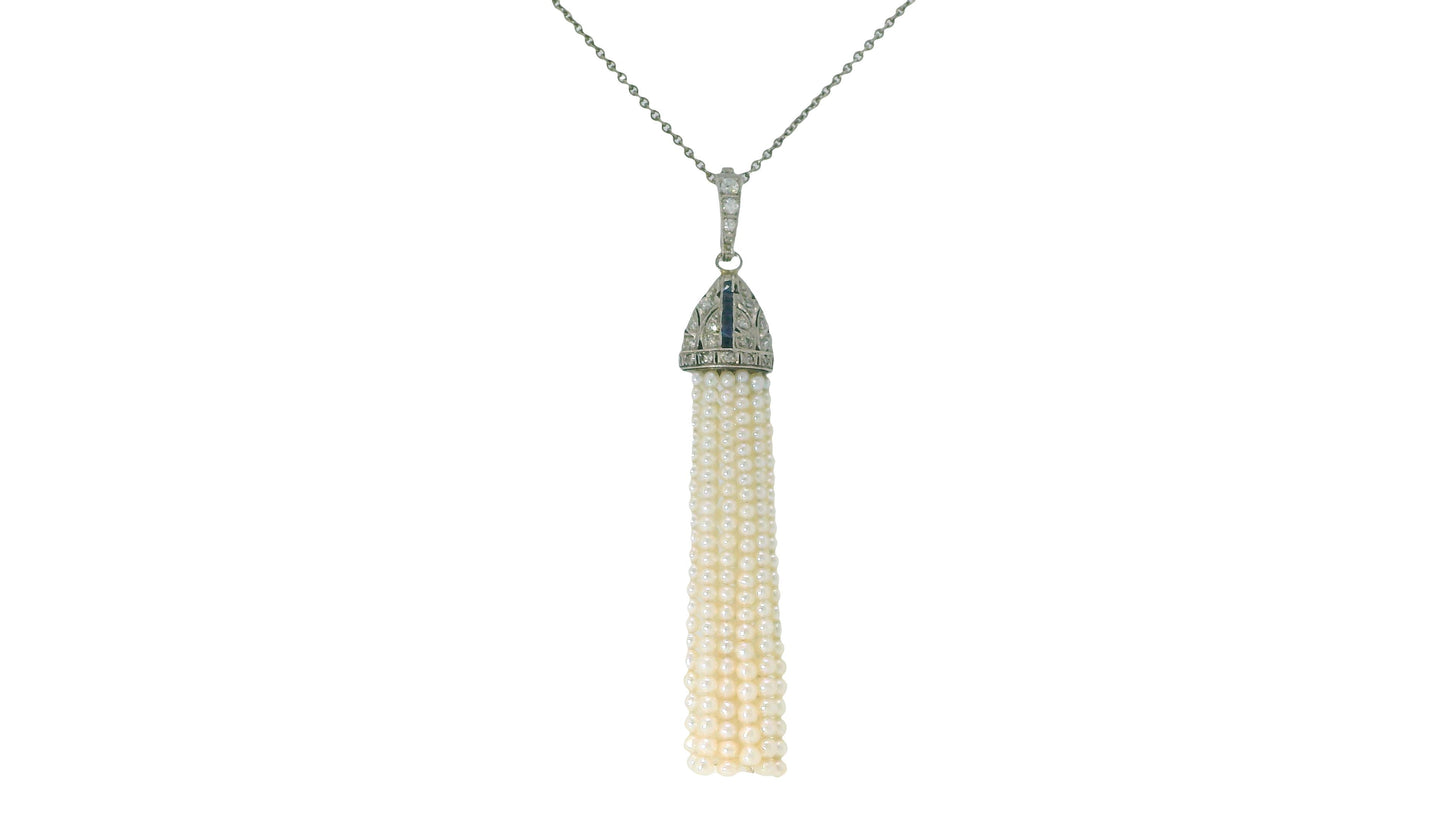 deco pendant pt w/ dias&sapphires natural prl tassels on later wg chain