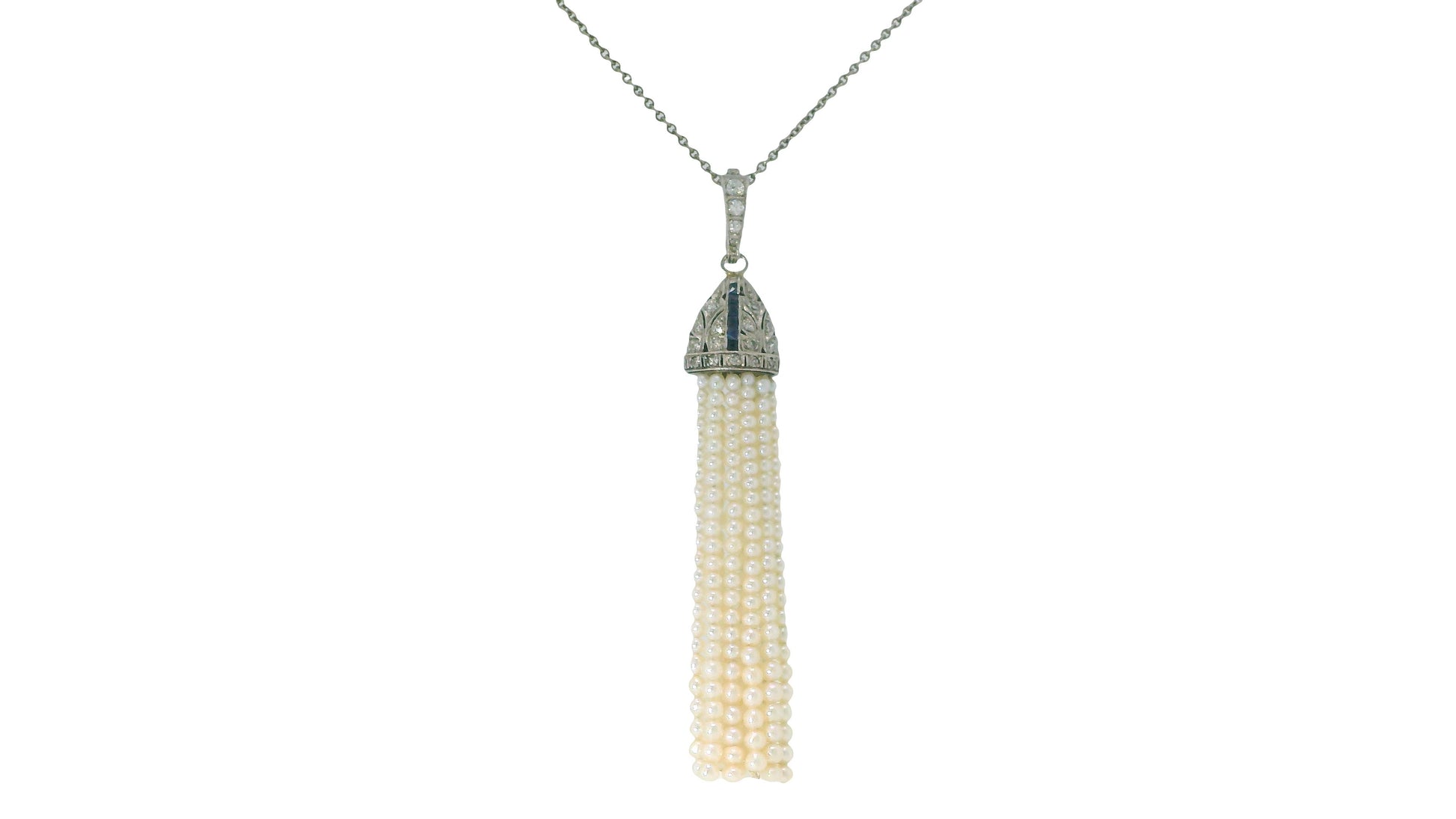 deco pendant pt w/ dias&sapphires natural prl tassels on later wg chain