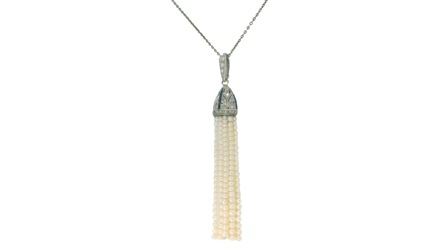 deco pendant pt w/ dias&sapphires natural prl tassels on later wg chain