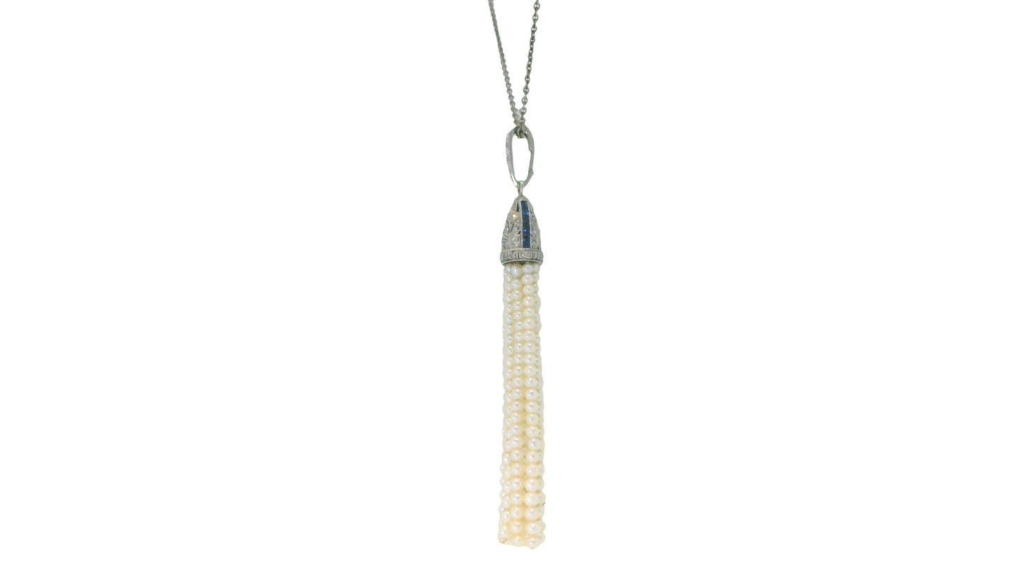 deco pendant pt w/ dias&sapphires natural prl tassels on later wg chain