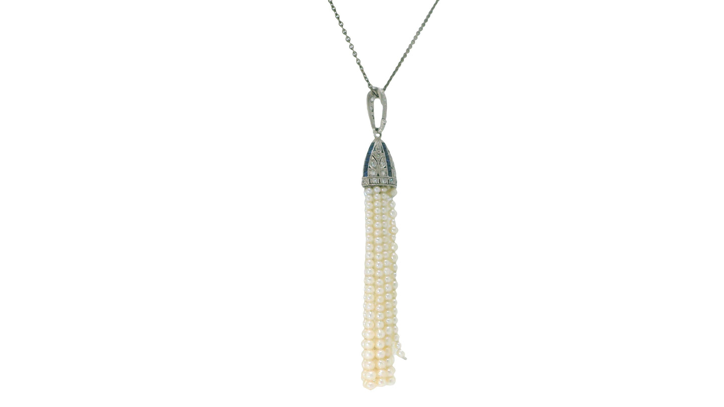 deco pendant pt w/ dias&sapphires natural prl tassels on later wg chain