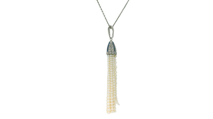 deco pendant pt w/ dias&sapphires natural prl tassels on later wg chain
