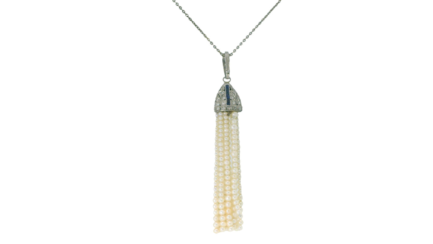 deco pendant pt w/ dias&sapphires natural prl tassels on later wg chain
