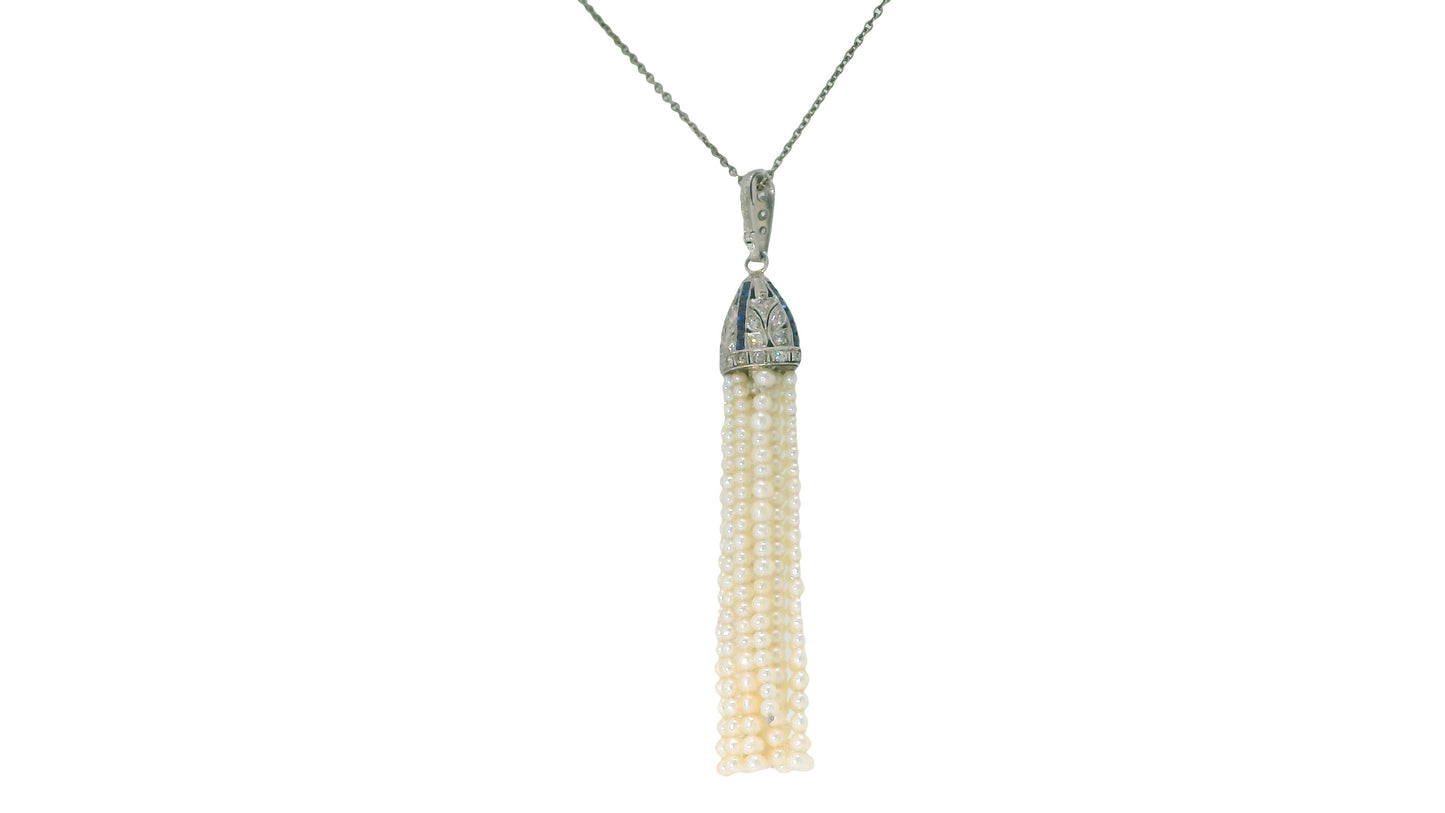 deco pendant pt w/ dias&sapphires natural prl tassels on later wg chain