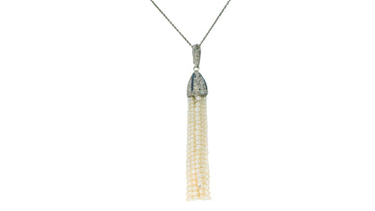 deco pendant pt w/ dias&sapphires natural prl tassels on later wg chain