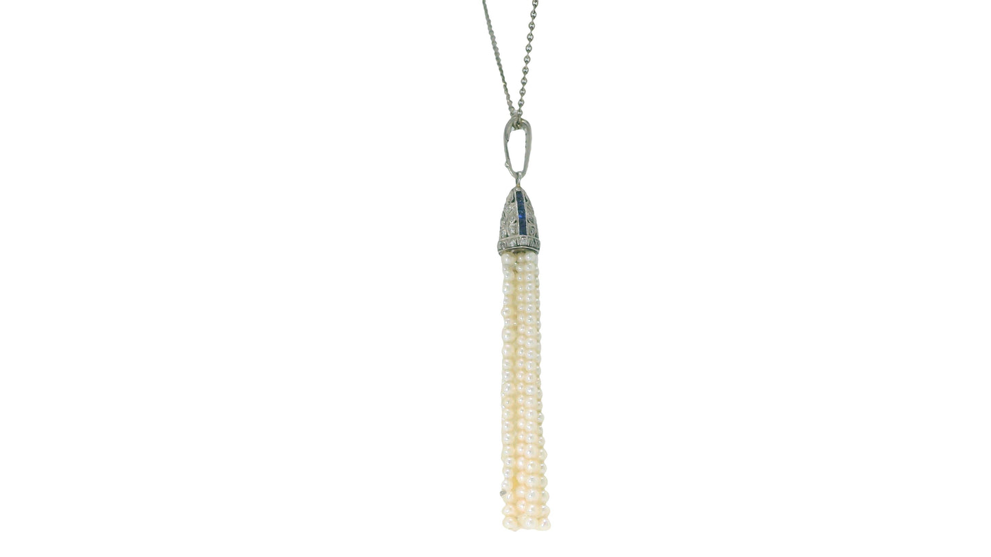deco pendant pt w/ dias&sapphires natural prl tassels on later wg chain