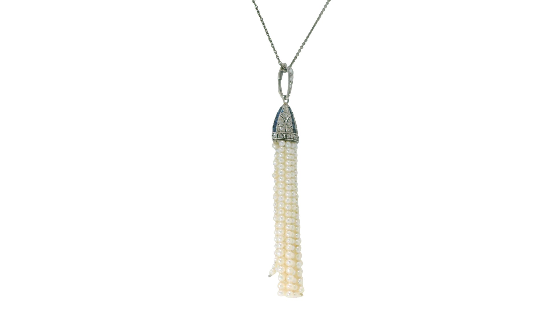 deco pendant pt w/ dias&sapphires natural prl tassels on later wg chain