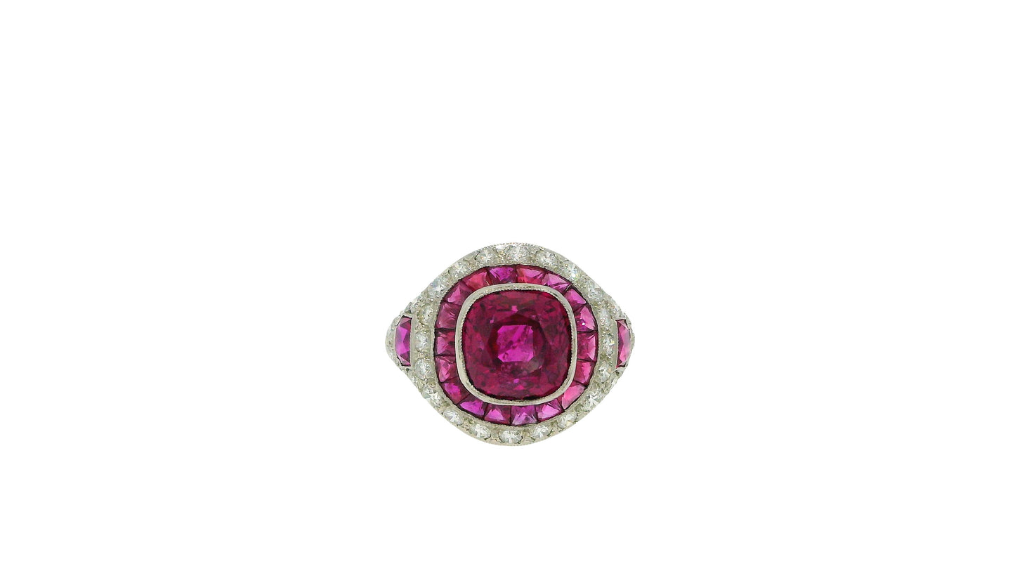 4.57 Carat Cushion Ruby, Diamonds and Halfmoon Rubies Side GIA Certified Ring