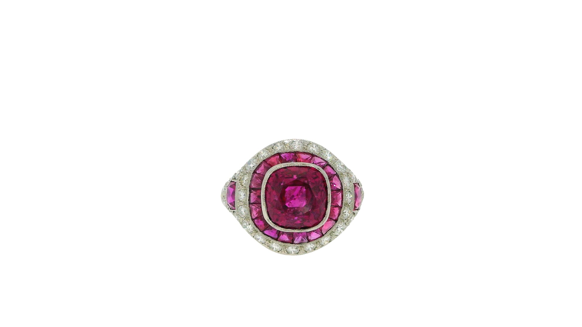 4.57 Carat Cushion Ruby, Diamonds and Halfmoon Rubies Side GIA Certified Ring