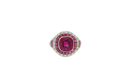4.57 Carat Cushion Ruby, Diamonds and Halfmoon Rubies Side GIA Certified Ring