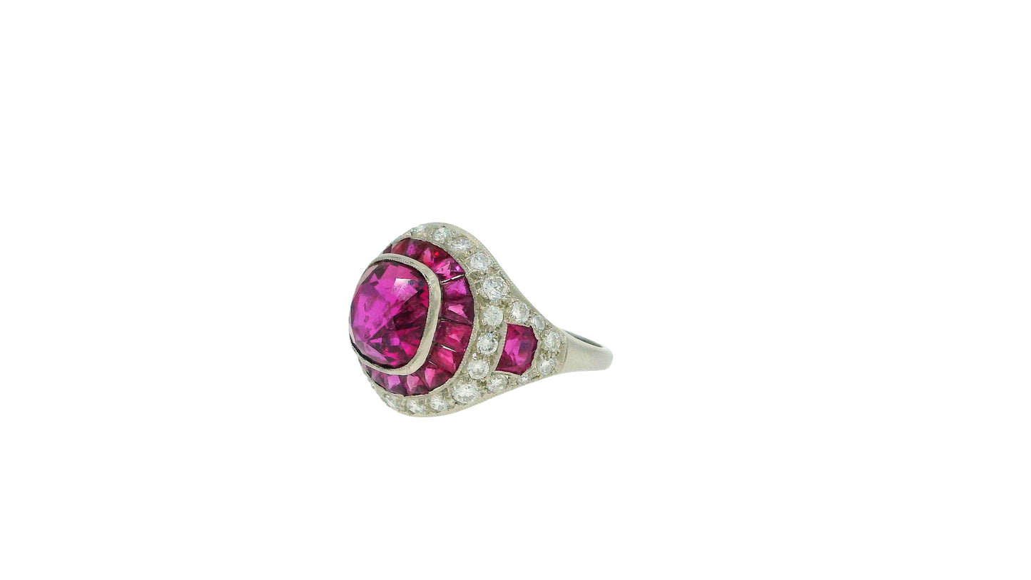 4.57 Carat Cushion Ruby, Diamonds and Halfmoon Rubies Side GIA Certified Ring