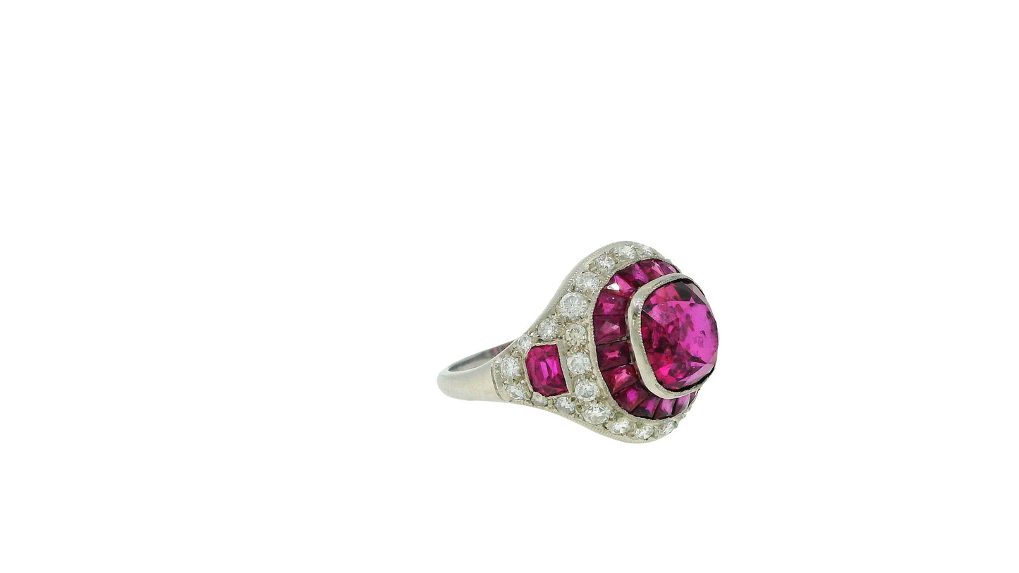 4.57 Carat Cushion Ruby, Diamonds and Halfmoon Rubies Side GIA Certified Ring