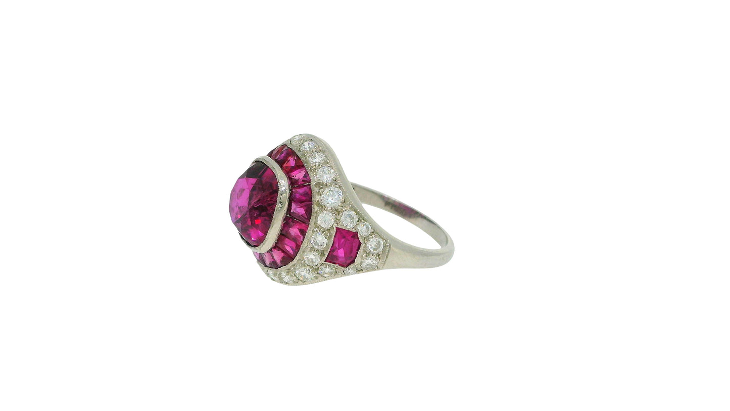 4.57 Carat Cushion Ruby, Diamonds and Halfmoon Rubies Side GIA Certified Ring