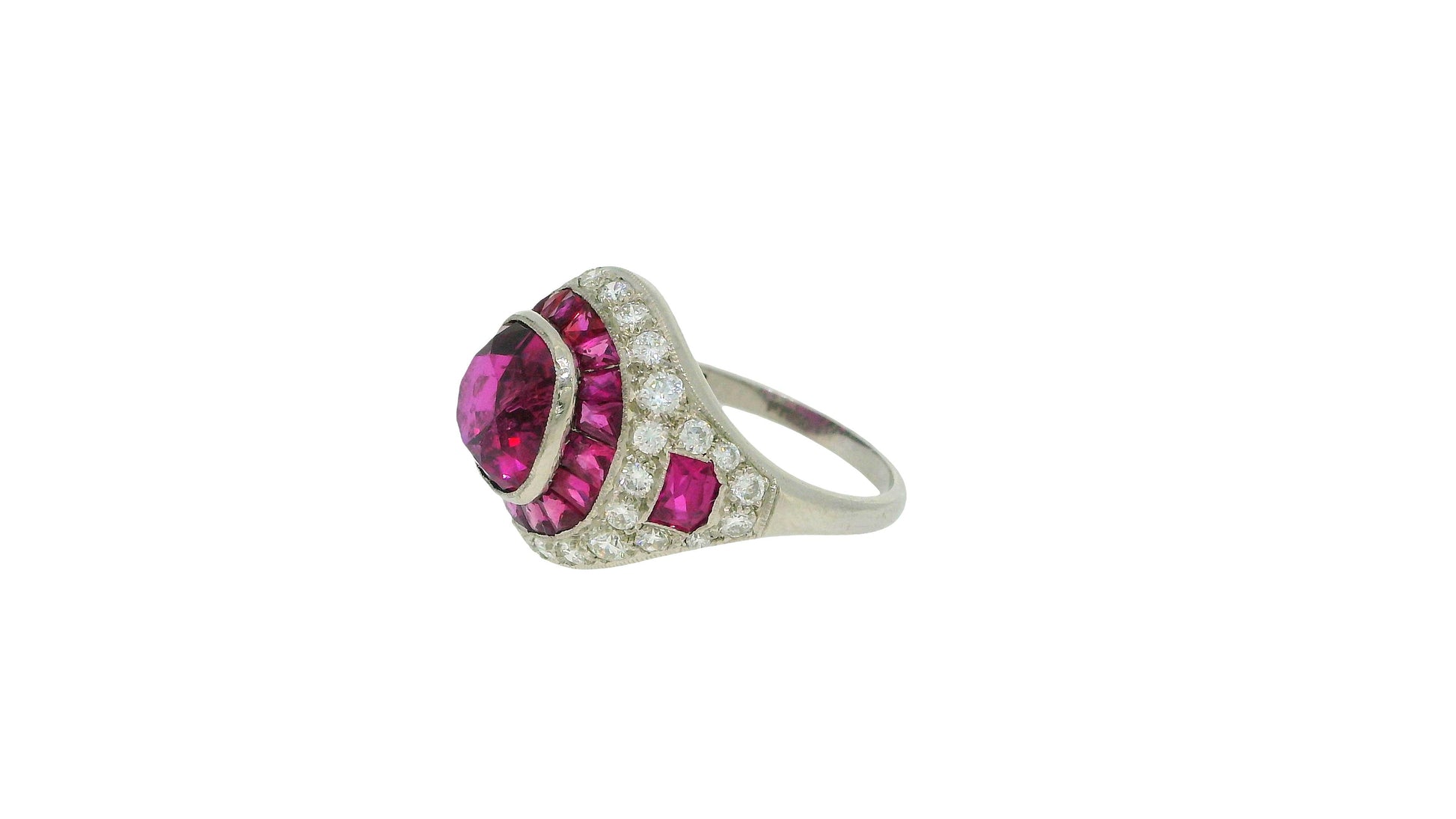 4.57 Carat Cushion Ruby, Diamonds and Halfmoon Rubies Side GIA Certified Ring