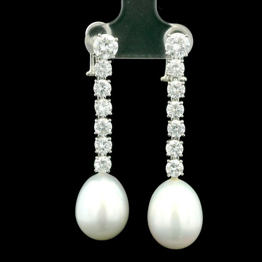 Mikimoto Elongated Pearl Drops Diamond Line 18K Gold Earrings