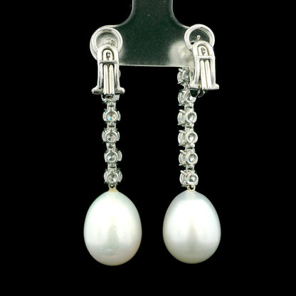 Mikimoto Elongated Pearl Drops Diamond Line 18K Gold Earrings