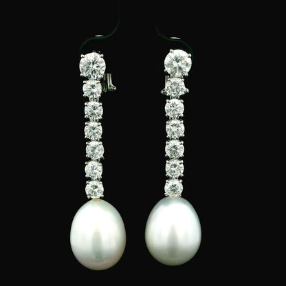 Mikimoto Elongated Pearl Drops Diamond Line 18K Gold Earrings