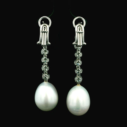 Mikimoto Elongated Pearl Drops Diamond Line 18K Gold Earrings