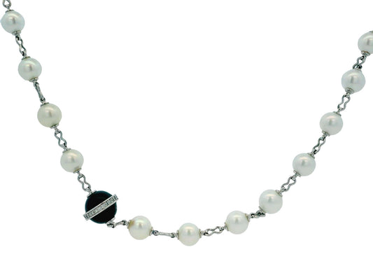 Cartier 36” Pearl Necklace with 5 Onyx & Diamond Pavé Stations in 18k White Gold