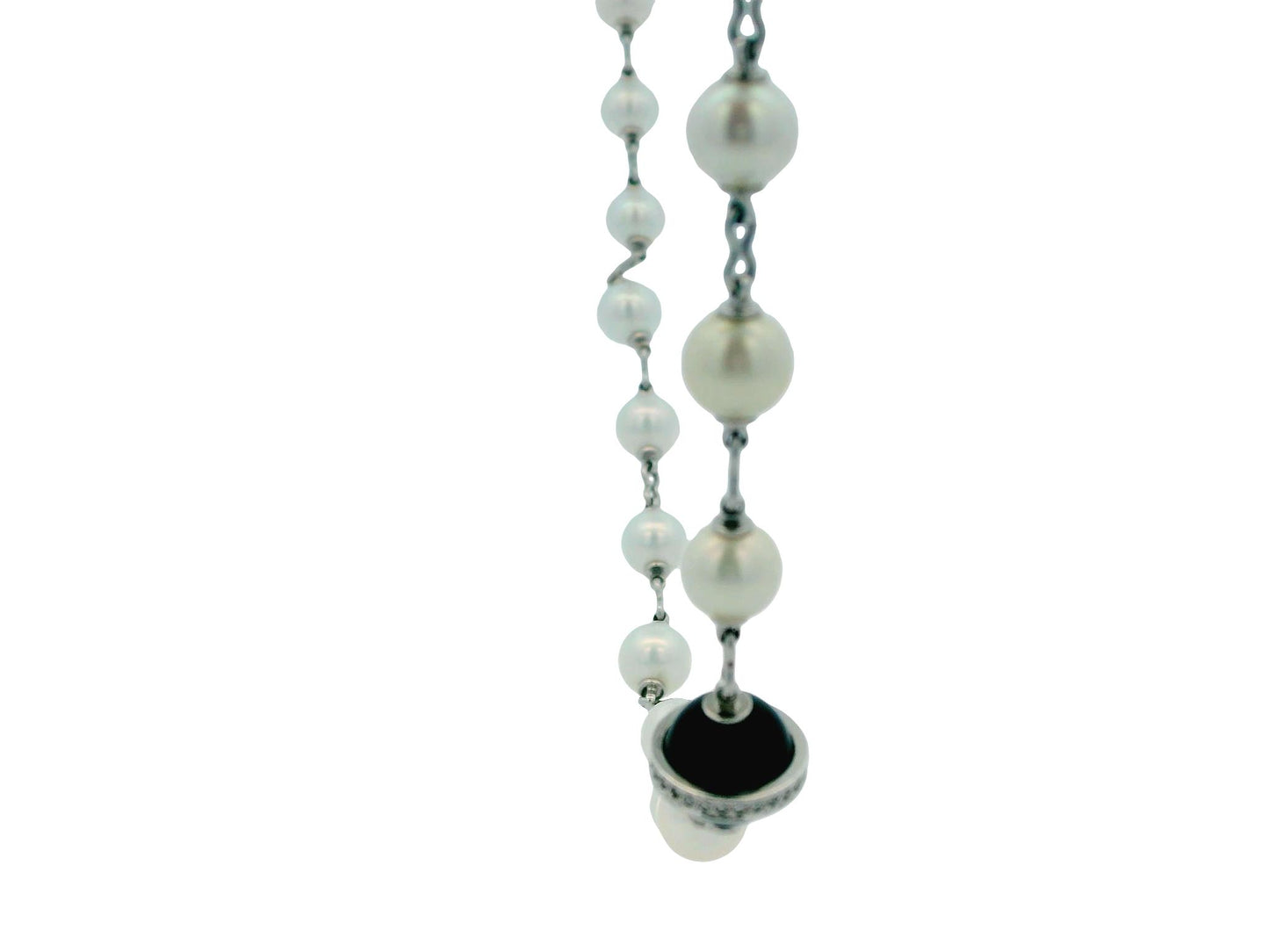 Cartier 36” Pearl Necklace with 5 Onyx & Diamond Pavé Stations in 18k White Gold