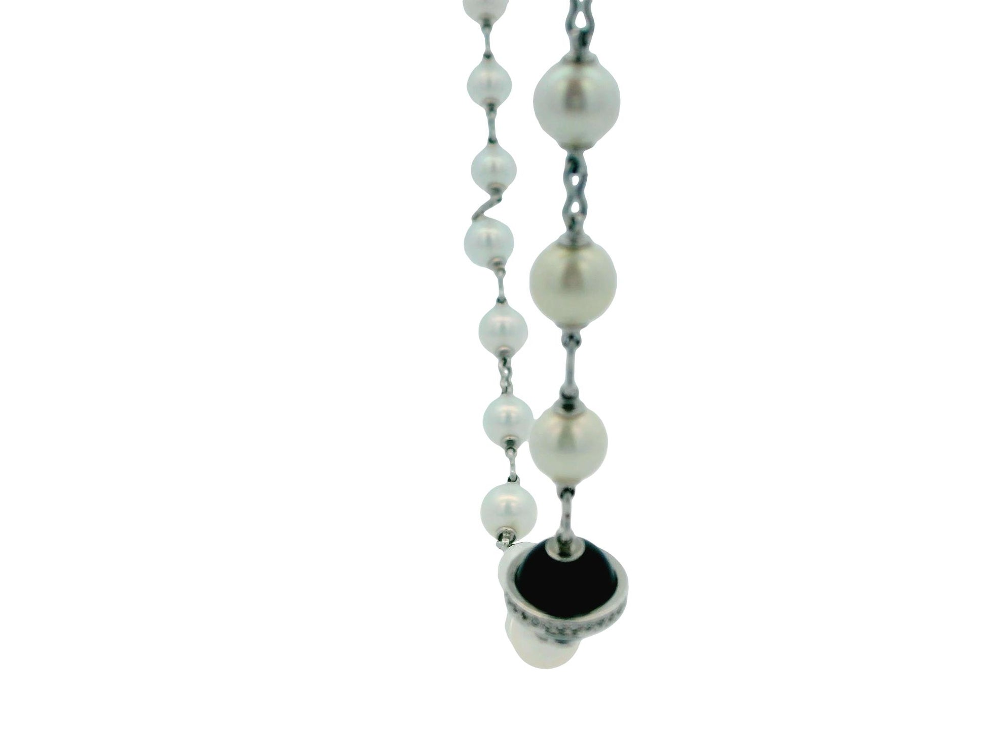 Cartier 36” Pearl Necklace with 5 Onyx & Diamond Pavé Stations in 18k White Gold