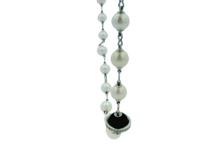Cartier 36” Pearl Necklace with 5 Onyx & Diamond Pavé Stations in 18k White Gold
