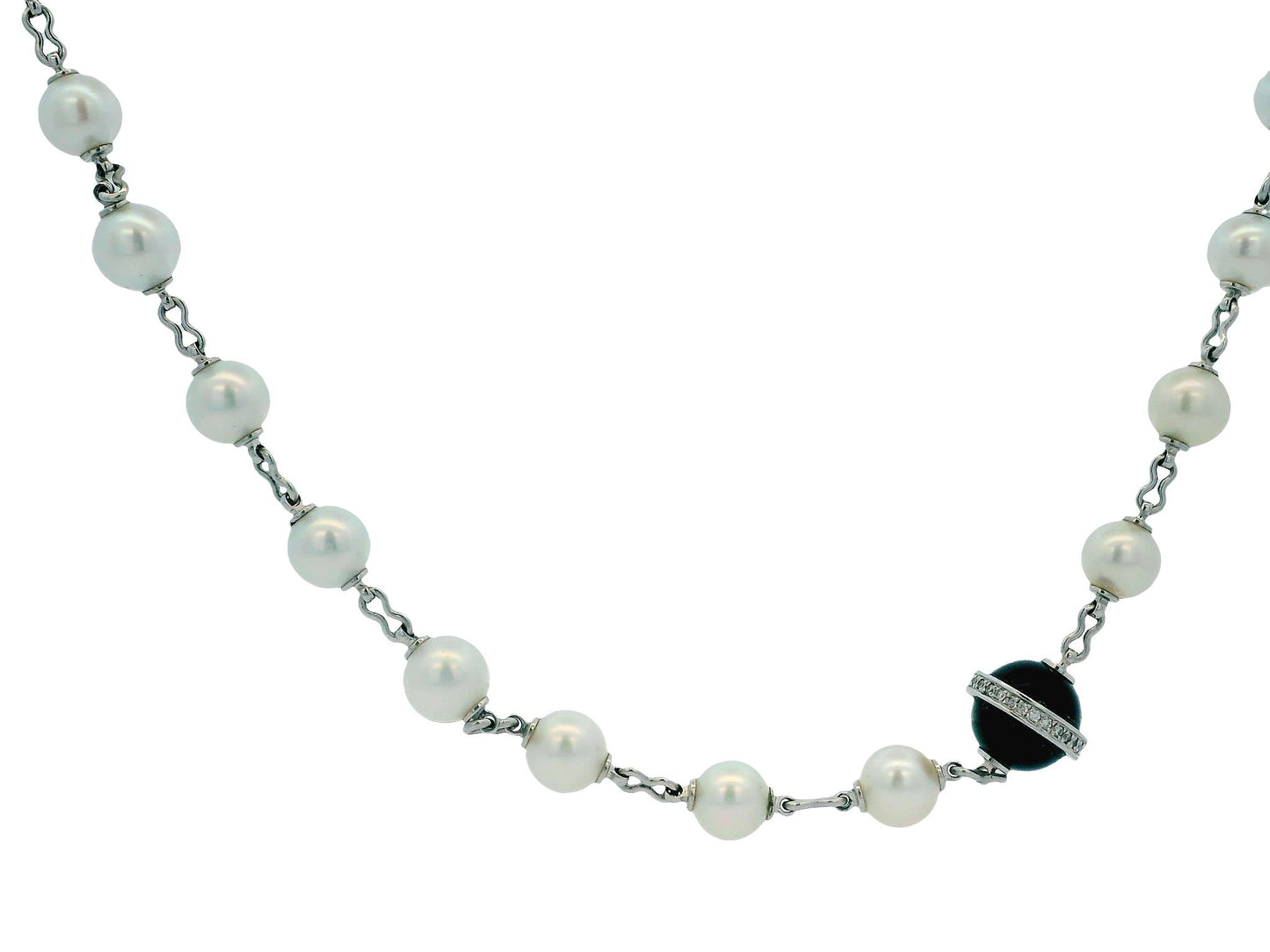 Cartier 36” Pearl Necklace with 5 Onyx & Diamond Pavé Stations in 18k White Gold