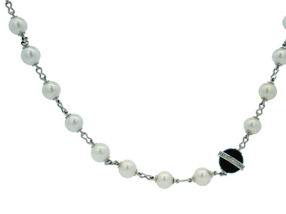 Cartier 36” Pearl Necklace with 5 Onyx & Diamond Pavé Stations in 18k White Gold