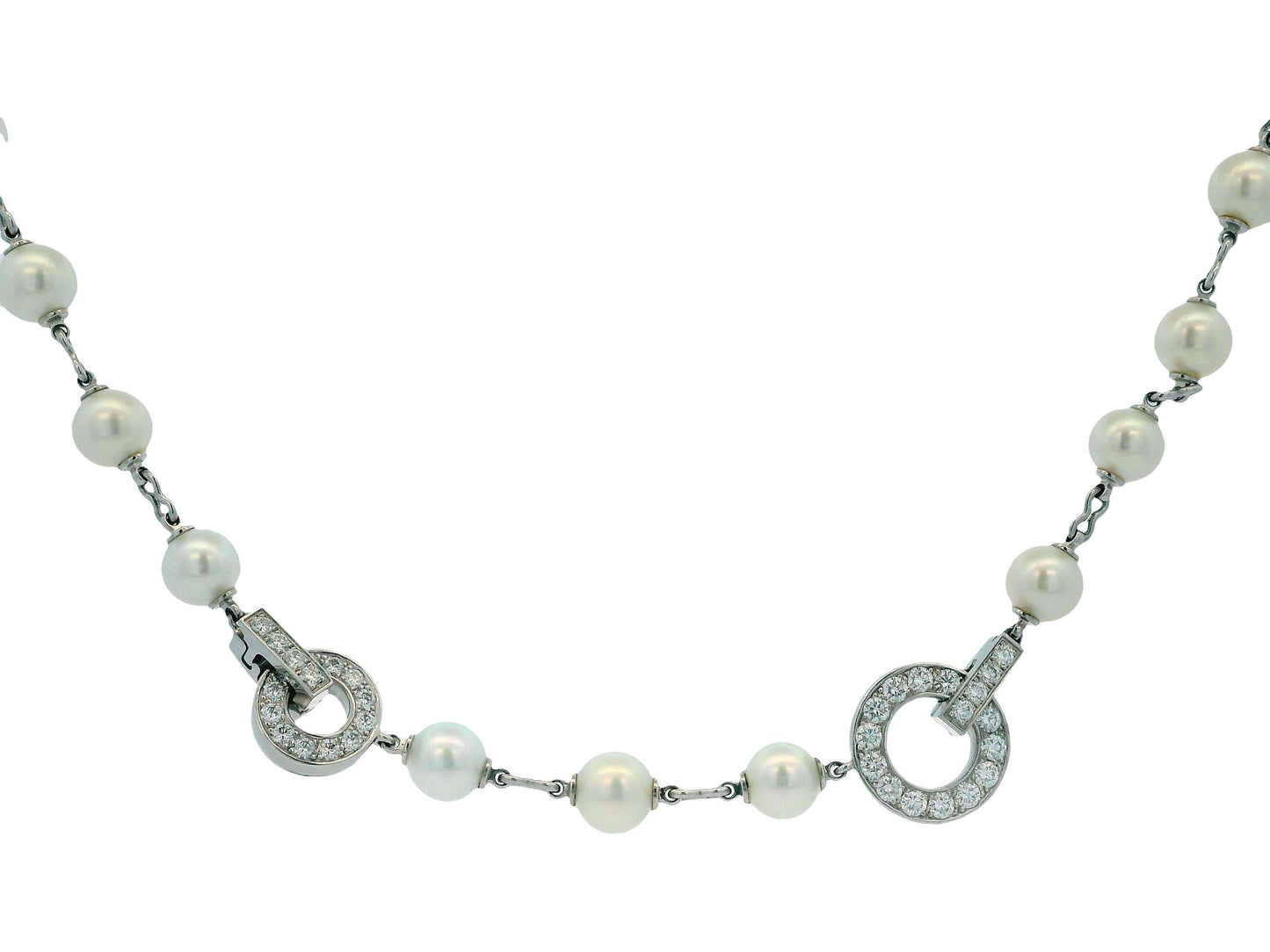Cartier 36” Pearl Necklace with 5 Onyx & Diamond Pavé Stations in 18k White Gold