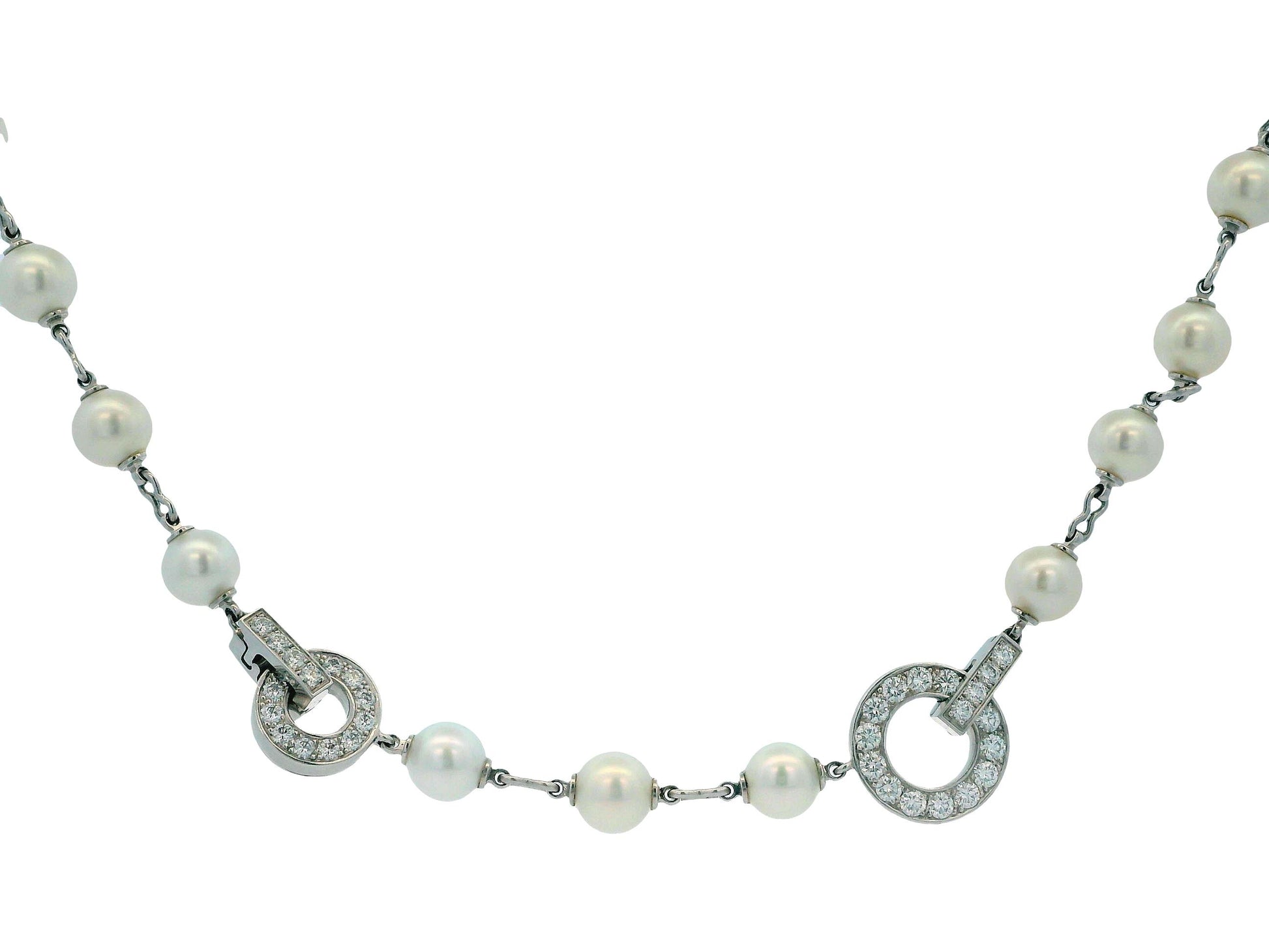 Cartier 36” Pearl Necklace with 5 Onyx & Diamond Pavé Stations in 18k White Gold