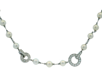 Cartier 36” Pearl Necklace with 5 Onyx & Diamond Pavé Stations in 18k White Gold