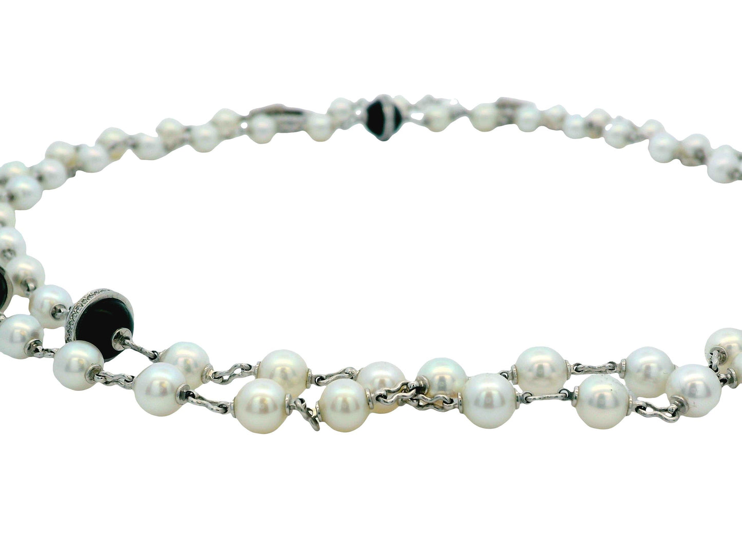 Cartier 36” Pearl Necklace with 5 Onyx & Diamond Pavé Stations in 18k White Gold