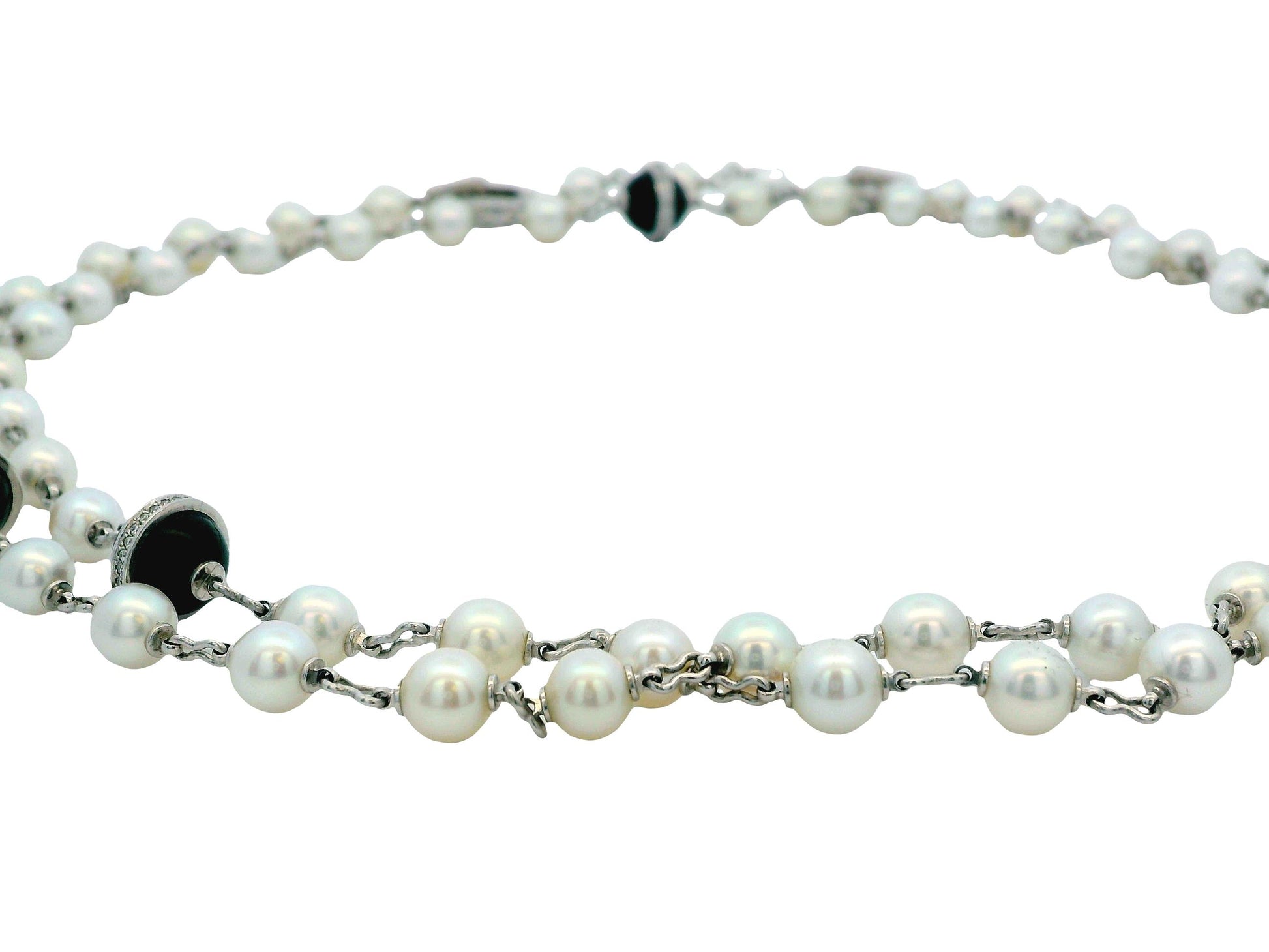 Cartier 36” Pearl Necklace with 5 Onyx & Diamond Pavé Stations in 18k White Gold
