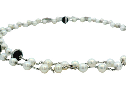 Cartier 36” Pearl Necklace with 5 Onyx & Diamond Pavé Stations in 18k White Gold