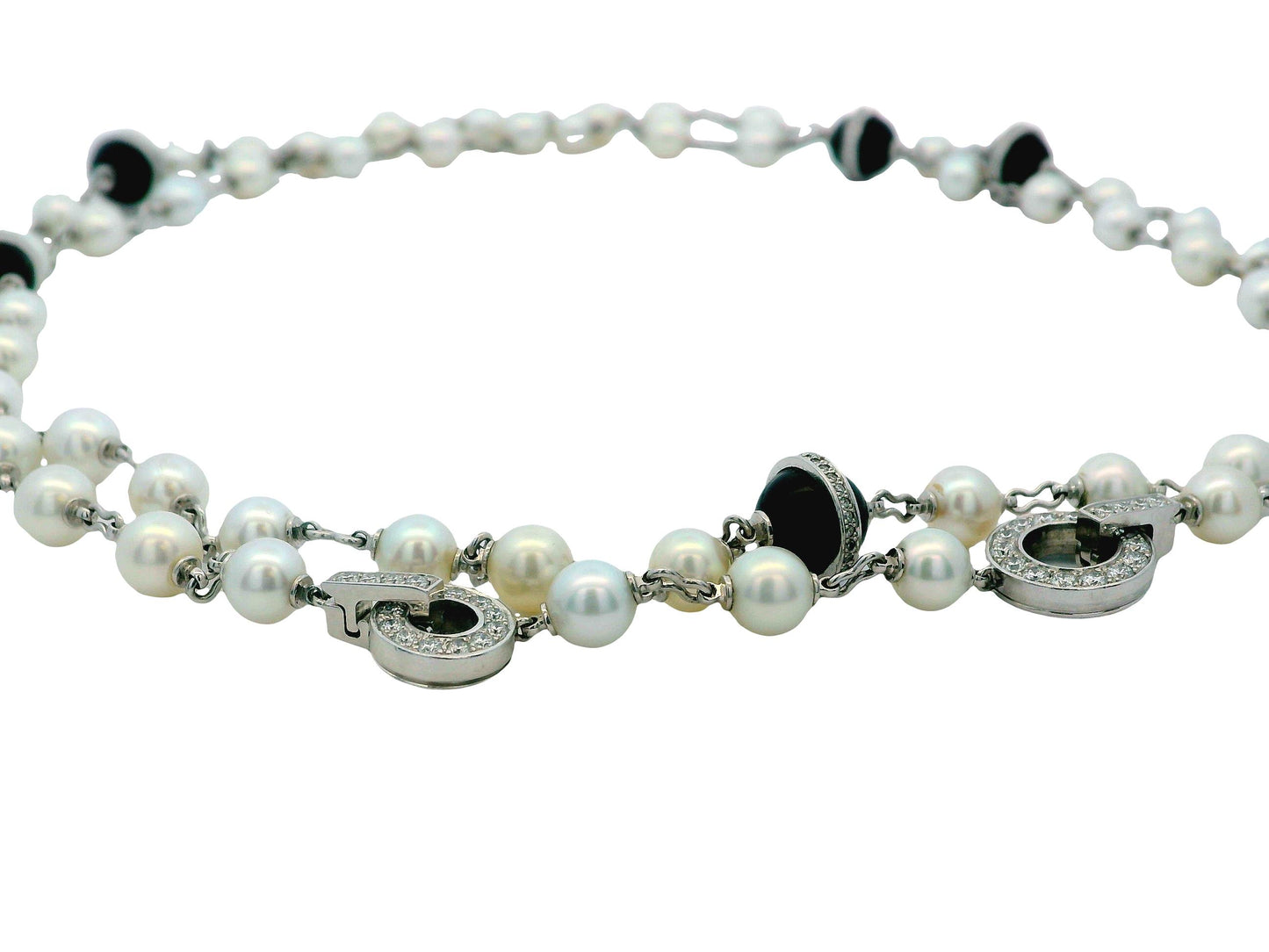 Cartier 36” Pearl Necklace with 5 Onyx & Diamond Pavé Stations in 18k White Gold