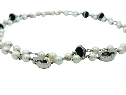 Cartier 36” Pearl Necklace with 5 Onyx & Diamond Pavé Stations in 18k White Gold