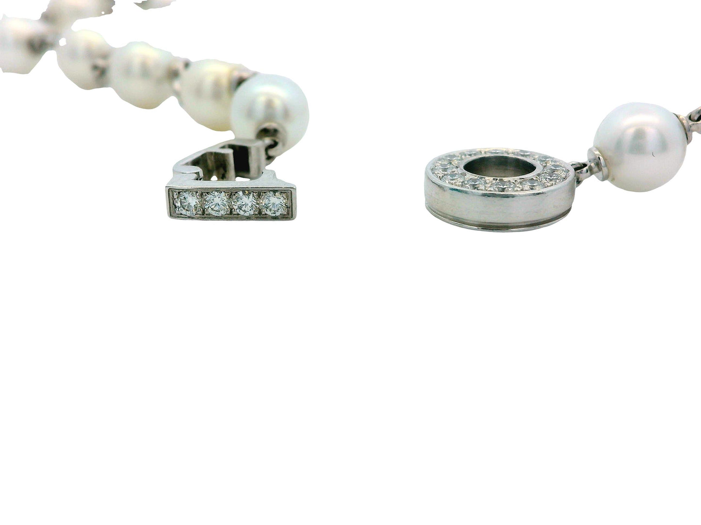 Cartier 36” Pearl Necklace with 5 Onyx & Diamond Pavé Stations in 18k White Gold
