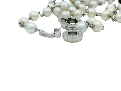 Cartier 36” Pearl Necklace with 5 Onyx & Diamond Pavé Stations in 18k White Gold