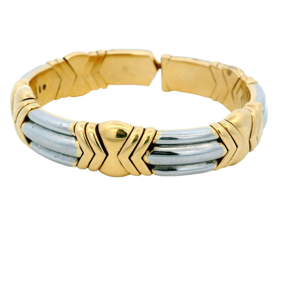Bvlgari cuff 18k/pt wide white fluted sect betw yg arrows