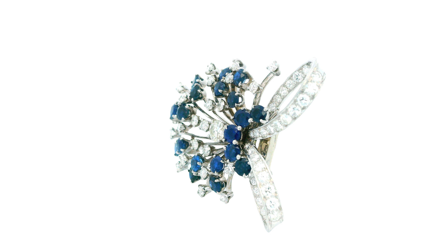 Diamond & Sapphires Swirl Top In Platinum Brooch