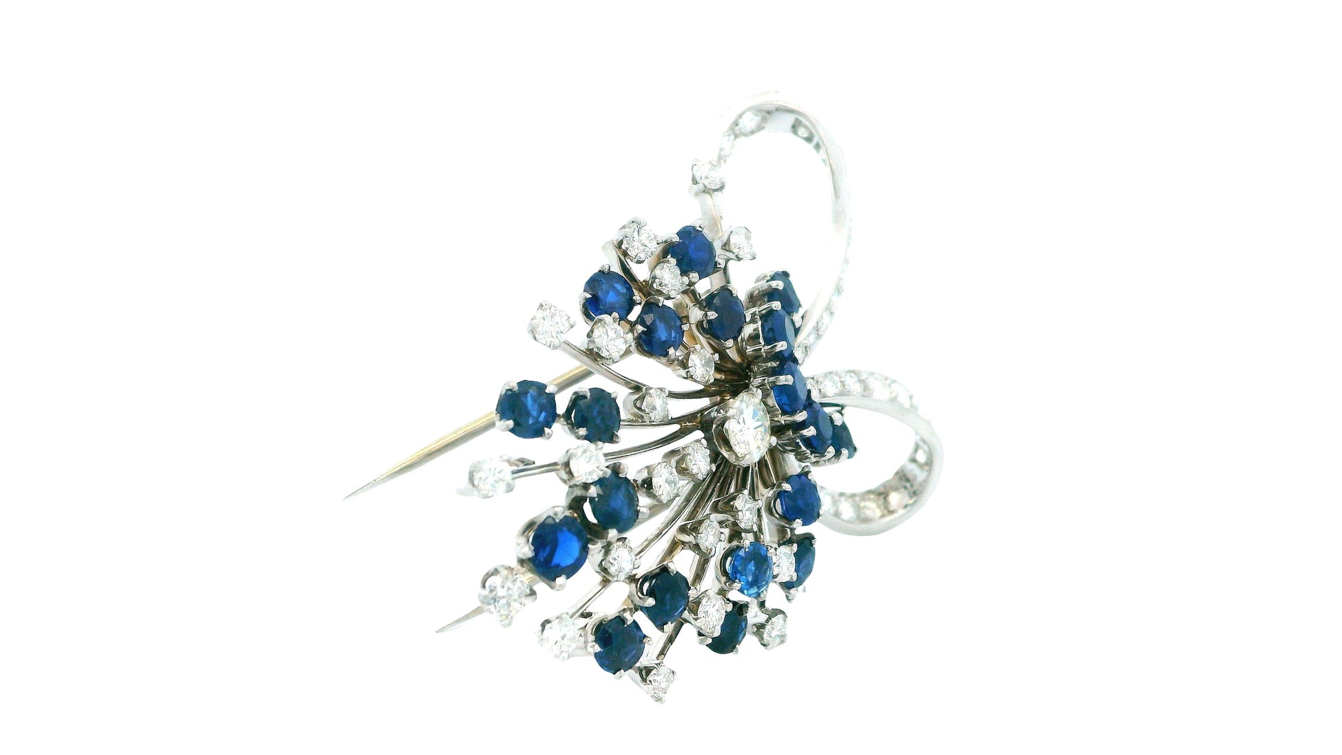 Diamond & Sapphires Swirl Top In Platinum Brooch