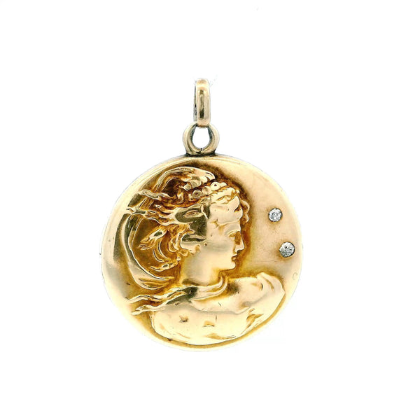 Art Nouveau 14k Gold Woman Locket Repoussé Locket & Diamond Pendant
