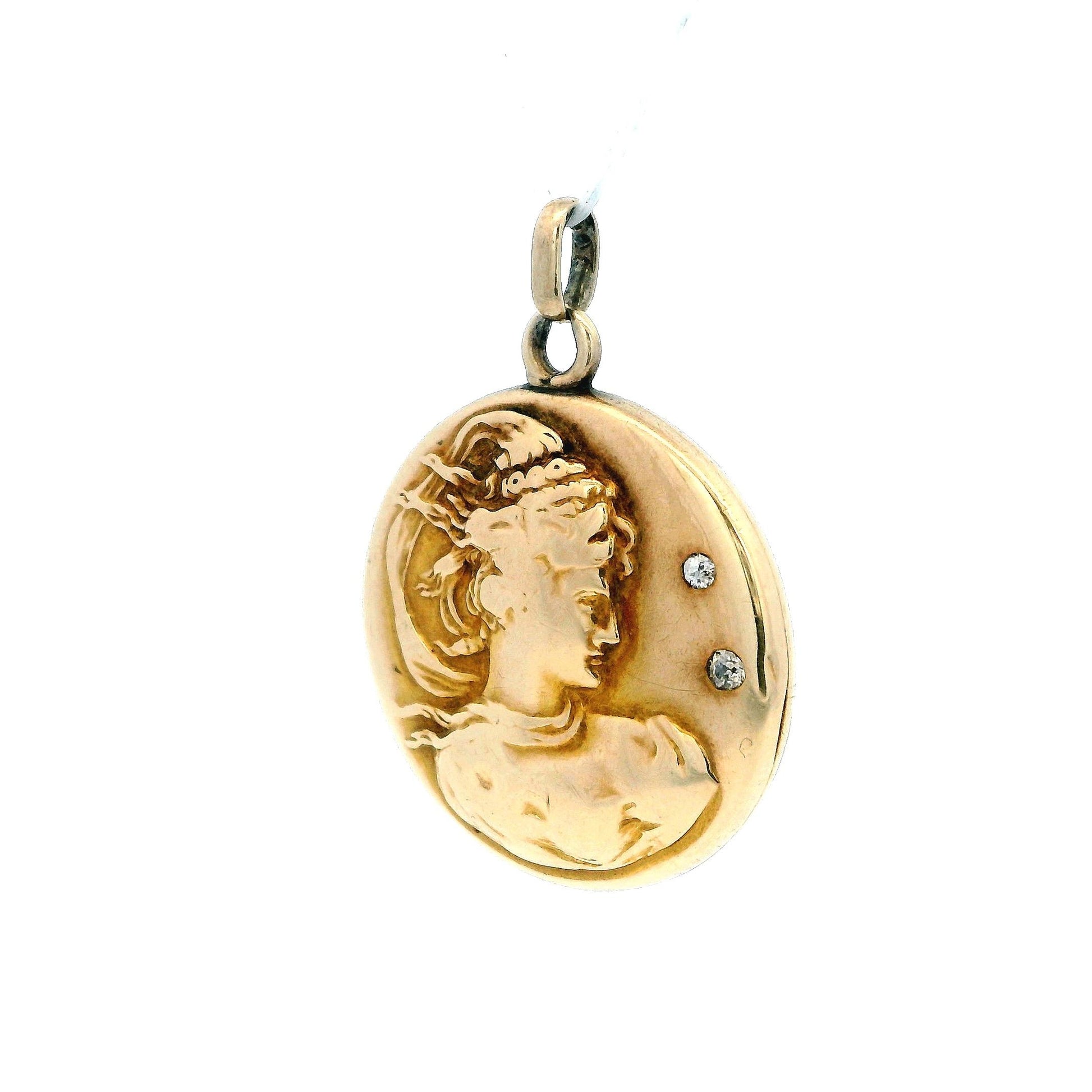 Art Nouveau 14k Gold Woman Locket Repoussé Locket & Diamond Pendant