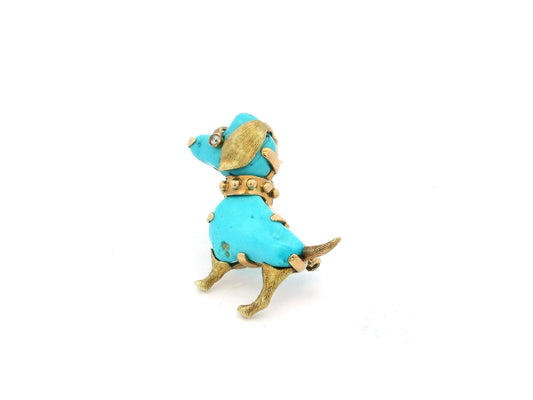 Turquoise &18k yellow Gold & Diamond Dog Eye Beaded Collar Brooch