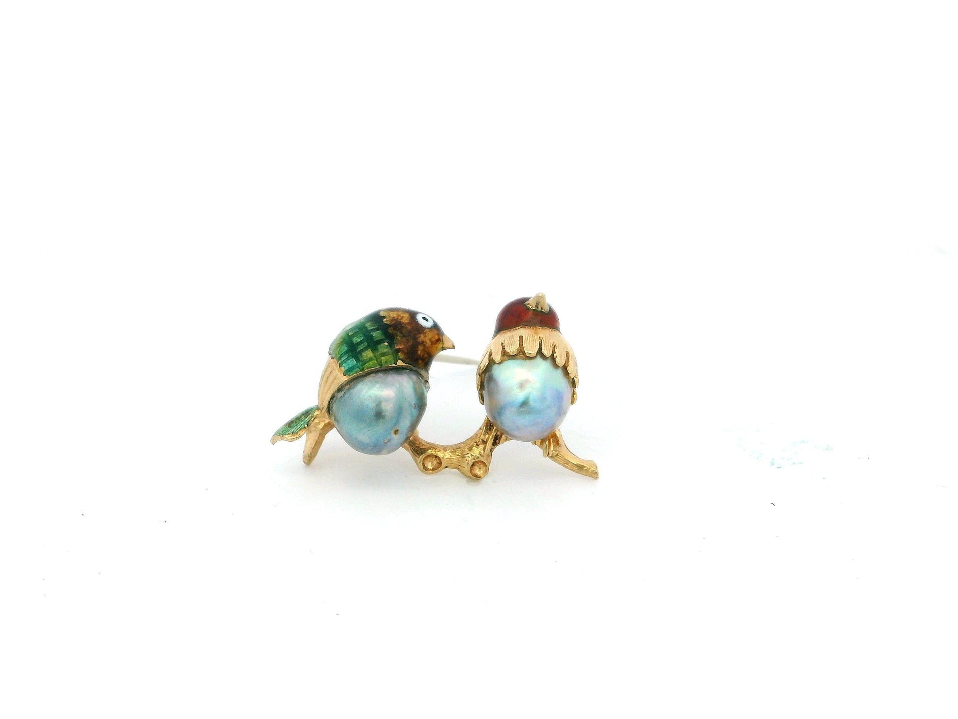 Love Bird Enamel & Pearl Brooch in 18K Yellow Gold