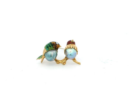 Love Bird Enamel & Pearl Brooch in 18K Yellow Gold
