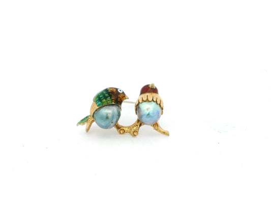 Love Bird Enamel & Pearl Brooch in 18K Yellow Gold