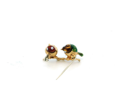 Love Bird Enamel & Pearl Brooch in 18K Yellow Gold
