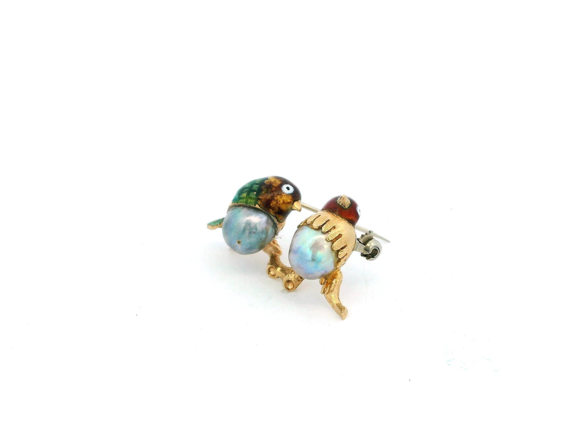 Love Bird Enamel & Pearl Brooch in 18K Yellow Gold