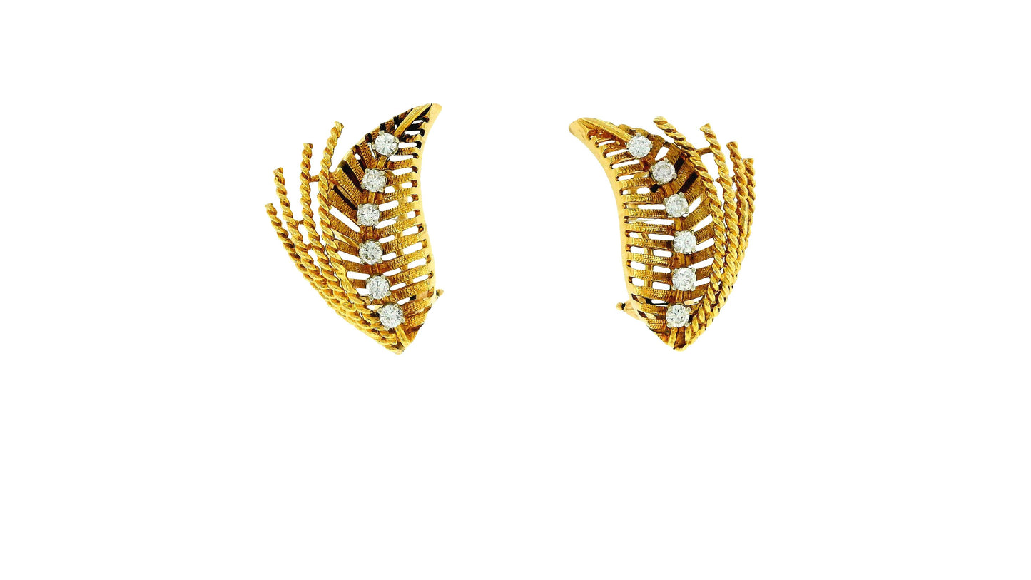 18K Gold Diamond Four Ropes Design Leaf Earrings